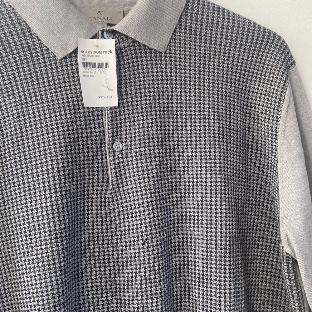 Canali Mens Long-sleeve Gray & Black‎ Houndstooth print front Sweater, Size XXL